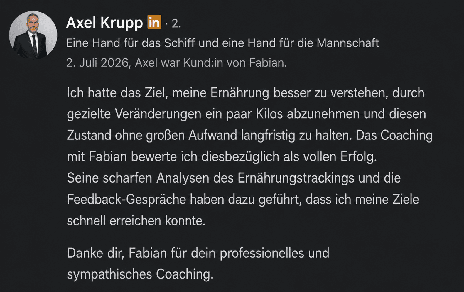 LinkedIn-Empfehlung von Axel Krupp: Ernährung besser verstanden, gezielt abgenommen und das Ergebnis ohne großen Aufwand gehalten.
