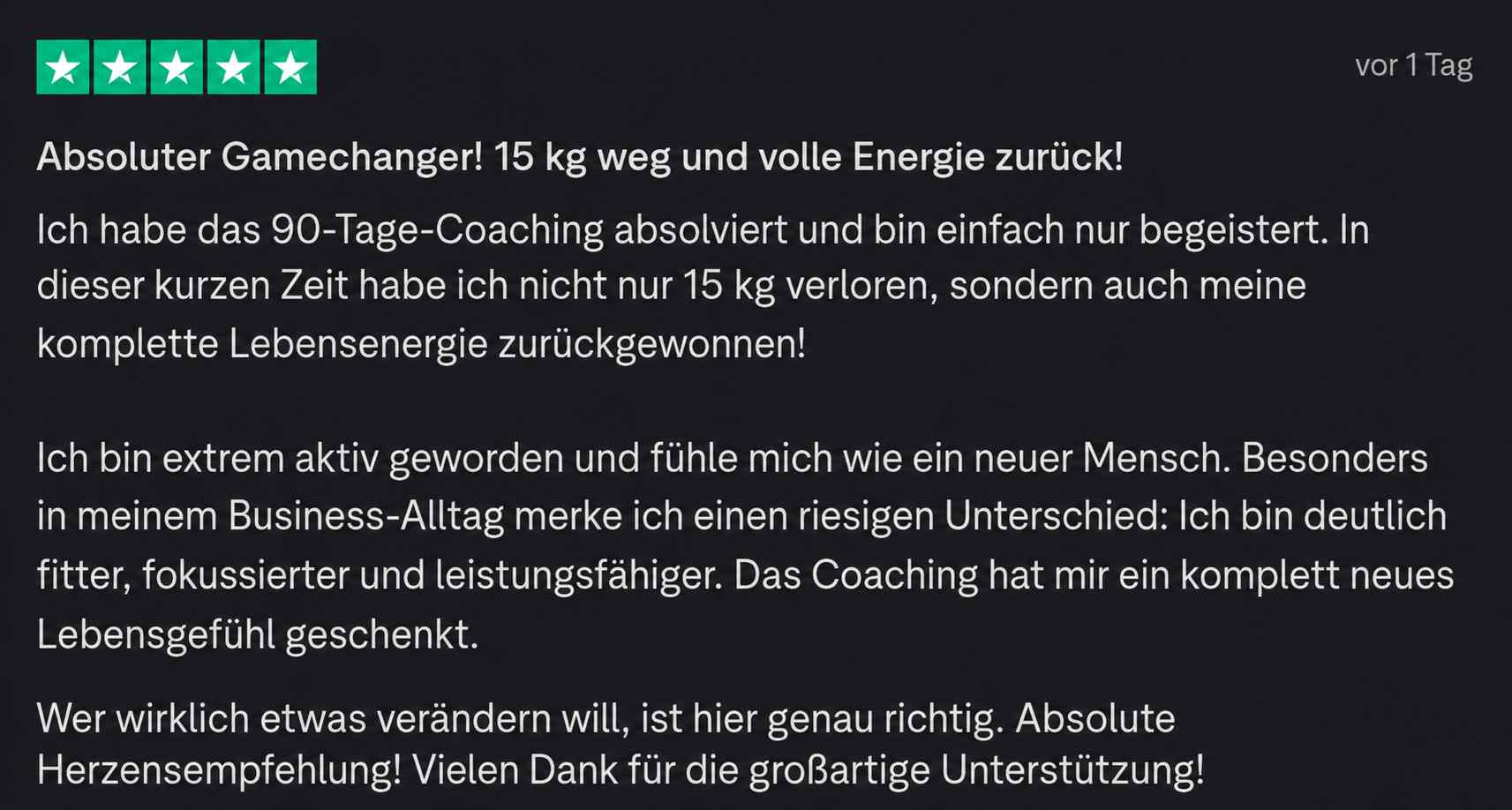 Trustpilot-Rezension: 15 kg abgenommen und volle Energie zurück