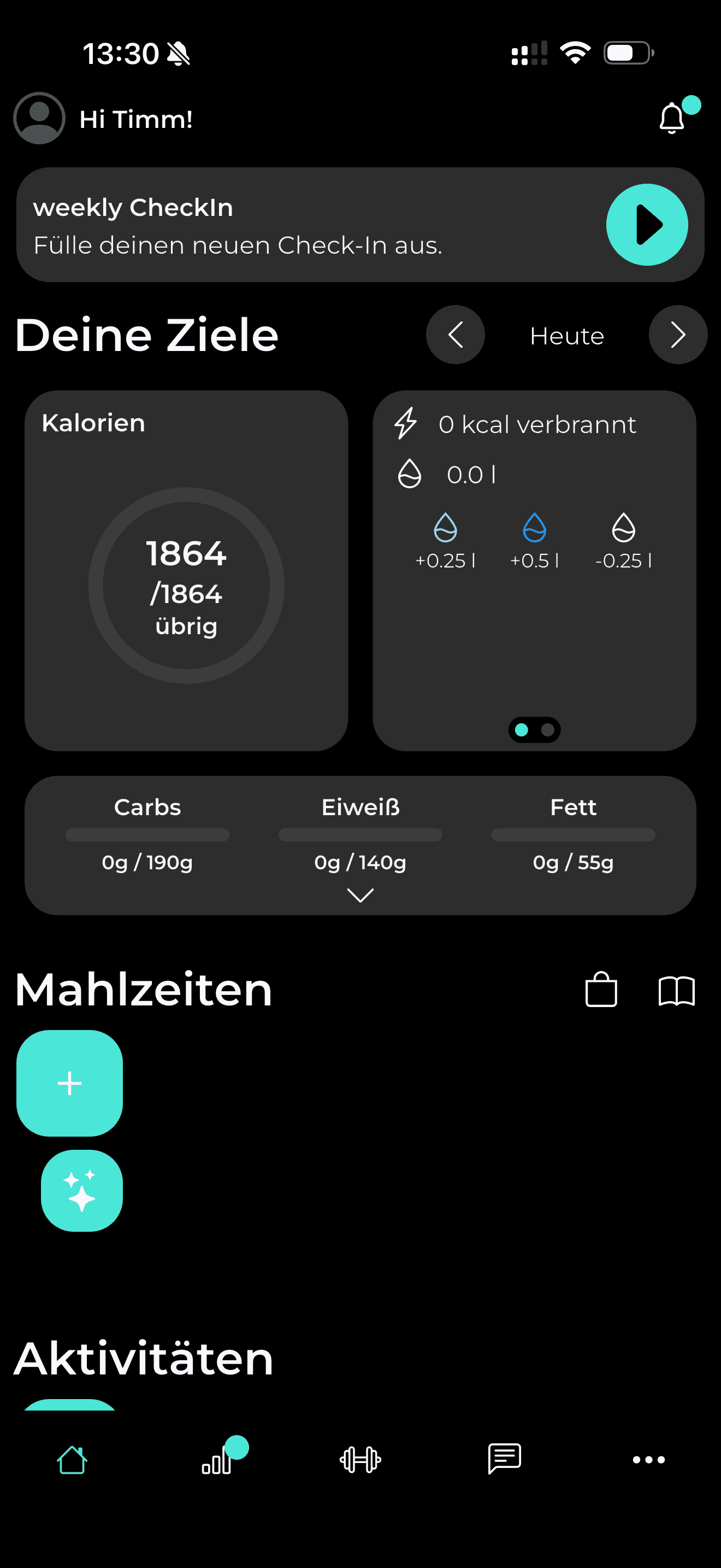 Dashboard der Coaching-App mit wöchentlichem Check-In, Kalorien- und Makroübersicht