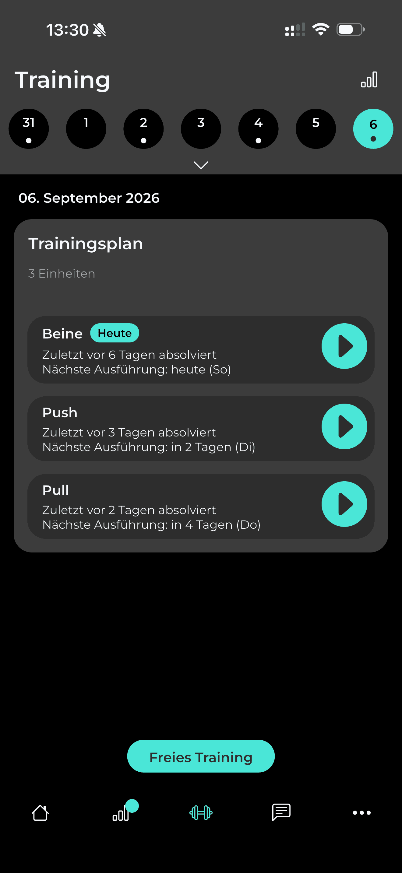 Trainingsplan der Woche mit drei Einheiten und Angabe der nächsten Ausführung